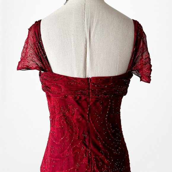 Vintage Red Beaded Fit Flared Silk Bodycon Maxi Prom Scarf Dress Size S/M - Picture 10 of 11